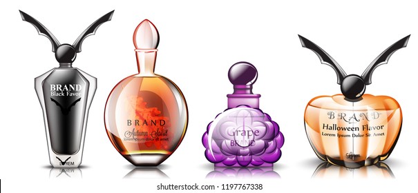 Halloween perfume set Vector realistic. Product placement mock up bottles. Original stylish collection 3d illustrations