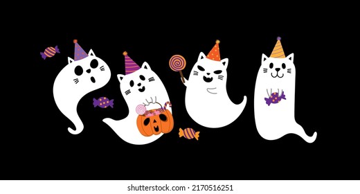 Halloween pet cartoon character. Cute cat ghost with party hat, pumpkin and candy. - Vector