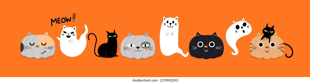Halloween pet cartoon character  Cute cat ghost   pumpkin in kitten costume     Vector