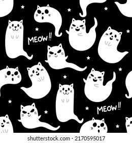 Halloween pet cartoon character seamless pattern  Cute cat   kitten ghost wallpaper   background     Vector