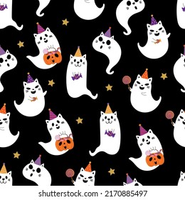 Halloween pet cartoon character seamless pattern  Cute cat   kitten ghost and candy   pumpkin wallpaper   background     Vector