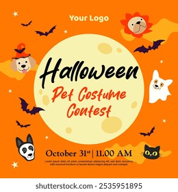 Ilustración vectorial de póster de concurso de disfraces de mascotas de Halloween. Adorables perros y gatos en disfraces de Halloween alrededor de la luna