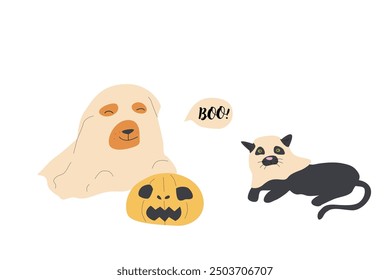 Halloween pet in ghost costume. Cute sticker for greeting card.