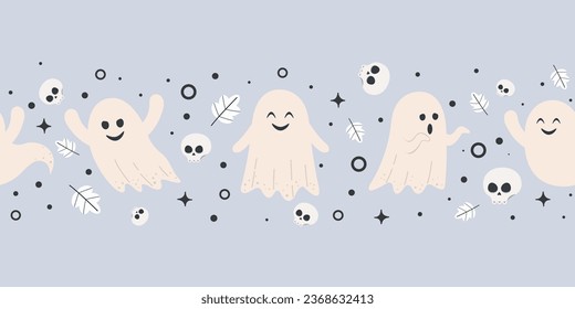 Halloween phantom ghost with different character. Cute pattern with halloween ghosts. Halloween party ghost design.