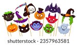 Halloween photo booth masks and props with cartoon monster faces for holiday, vector icons. Halloween funny masks of creepy pumpkin, death and witch hat, vampire and ghost boo with bat and black cat