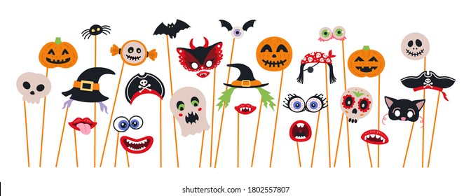 Halloween photo booth props and scrapbooking vector set. Party decoration with ghosts, pumpkin, bat,