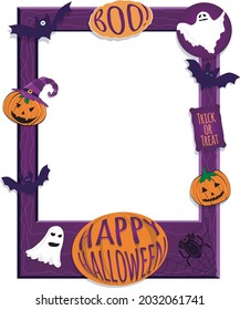 Halloween photo frame poster with pumpkins, bats, spider and ghosts. Photoboth concept