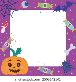 Halloween photo frame with pumpkins, bats, spiders, eyes and fly agarics.A Halloween frame. Decorated Halloween background frame. Vector illustration for postcards, banners and posters