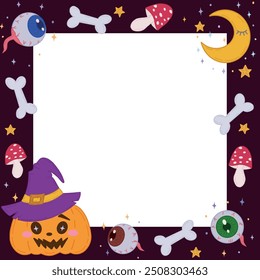 Halloween photo frame with pumpkins, bats, spiders, eyes and fly agarics.A Halloween frame. Decorated frame for Halloween background. Vector illustration for postcards, banners and posters, discounts