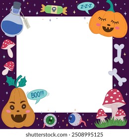 Halloween photo frame with pumpkins, spiders, eyes, potion and fly agarics.A Halloween frame. Decorated Halloween background frame. Vector illustration for postcards, banners and posters, discounts