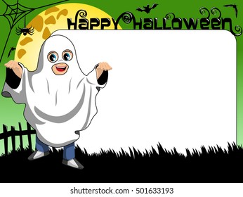 Halloween photo or picture frame or border featuring kid in ghost costume