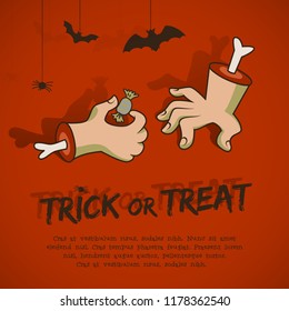 Halloween phrase trick or treat with animals hands and candy on red background in cartoon style vector illustration