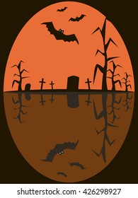 Halloween picture of bats with glowing evil eyes flying over sinister cemetery. Gravestones, rickety crosses and dead trees. Eerie background in black, white and orange colors. Vector illustration
