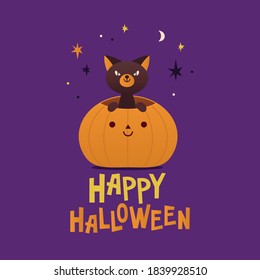 Halloween picture with a cat sitting inside of a smiling pumpkin. Halloween postcard with fun characters.