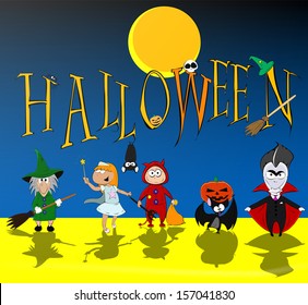 Halloween picture with children dressed in costumes of fairy tale characters carrying a pumpkin. Vector
