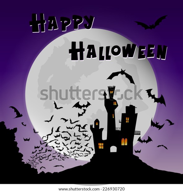 Halloween picture, a dark castle in front of\
a big moon and surrounded by a flock of bats. and the writing\
\