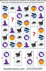 Halloween picture domino sudoku logic puzzle with bats, spider, witch hat, black cat, pumpkin, ghost
