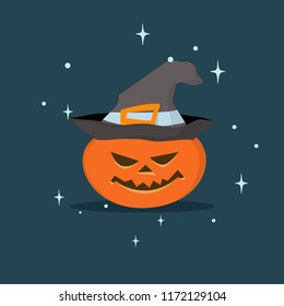 Halloween picture with an evil pumpkin in a witch's hat on a dark background among the stars.