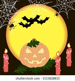 Halloween picture, moon, bats, pumpkin, spiders, candles
