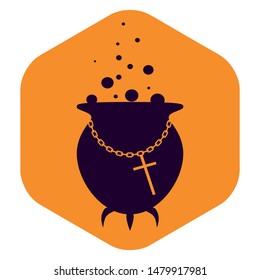 Halloween picture of potion in the cauldron. Icon attribute of witchcraft. Vector illustration in flat style isolated on white background for web design.
