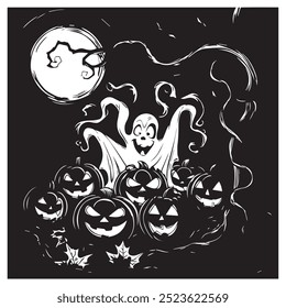 Halloween picture with pumpkin jack o lanterns, witch shadows, ghosts, cemetery theme