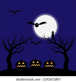 Halloween picture with pumpkins, bats, owl and moon