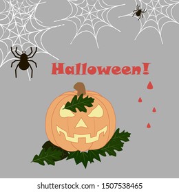 Halloween picture, scary pumpkin, cobwebs, spiders and Halloween inscription. Vector illustration.