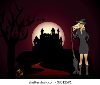 halloween picture with witch, castle and pumpkin