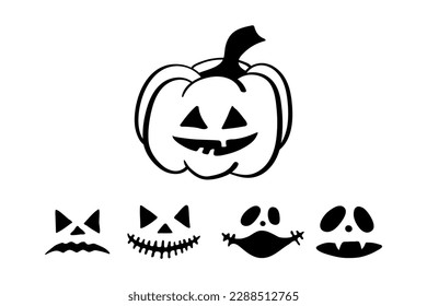 Halloween pictures in doodle style. Changed pumpkin face masks. Vector hand drawn Line art illustrations .