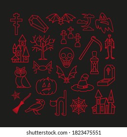 Halloween pictures set in lineart style. Red silhouettes on black background. Vector Illustration