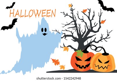 
Halloween picture.Vector.  Two pumpkin, bats and ghost.