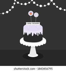 Halloween pie on cake holder with toppers and decoration. Dotted garland. Black background. Happy Halloween. Vector illustration, flat design