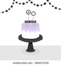 Halloween pie on cake holder with toppers and decoration. Dotted garland. Happy Halloween. Vector illustration, flat design