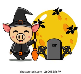 Halloween Pig Cartoon with Moon and Bats