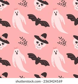 Halloween pink baby background. Seamless pattern with cute Halloween elements, ghosts, skull in a hat, bats. Cartoon design in flat style. Vector