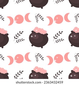 Halloween pink baby background. Seamless pattern with cute Halloween elements, magic pot, moon and stars. Cartoon design in flat style. Vector