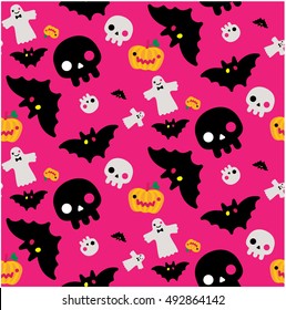 Halloween pink background. Halloween seamless pattern. Skull, halloween pumpkin, bat, ghost icons. vector illustrations. 