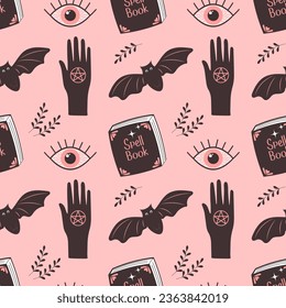 Halloween pink children's background. Occult seamless pattern with cute Halloween elements, eyeballs, spell books, bats and hands. Cartoon design in flat style.
