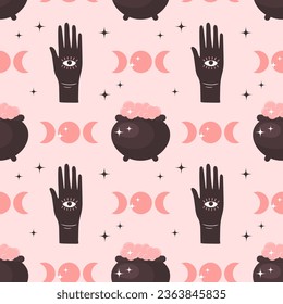 Halloween pink children's background. Occult seamless pattern with cute Halloween elements, magic pots, hands with eyes and moon. Cartoon design in flat style.