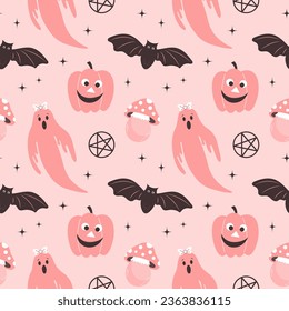 Halloween pink children's background. Seamless pattern with cute Halloween elements, ghosts, pumpkins, bats and mushrooms. Cartoon design in flat style.
