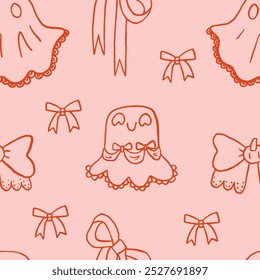 Halloween pink coquette ghosts with bows, vector seamless pattern. Autumn holiday wallpaper, wrapping paper, scrapbooking, background, textile prints, stationary. Girly coquette Halloween background