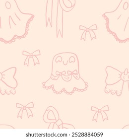 Halloween pink coquette ghosts with bows, vector seamless pattern. Autumn holiday wallpaper, wrapping paper, scrapbooking, background, textile prints, stationary. Girly coquette Halloween background
