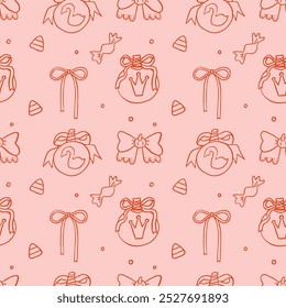 Halloween pink coquette pumpkins with bows, vector seamless pattern. Autumn holiday wallpaper, wrapping paper, scrapbooking, background, textile prints, stationary. Girly coquette Halloween background