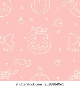 Calabazas de coqueta rosa de Halloween con arcos, Vector sin patrón. Fondo de pantalla de vacaciones de otoño, papel de regalo, scrapbooking, fondo, impresiones textiles, papelería. Fondo de Halloween de coqueta femenina