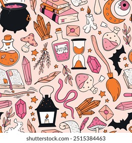 Halloween rosa doodles padrão sem costura com rabiscos para papel de parede, scrapbooking, estacionário, papel de embrulho, impressões têxteis, utensílios de cozinha, trajes de férias, etc. EPS 10