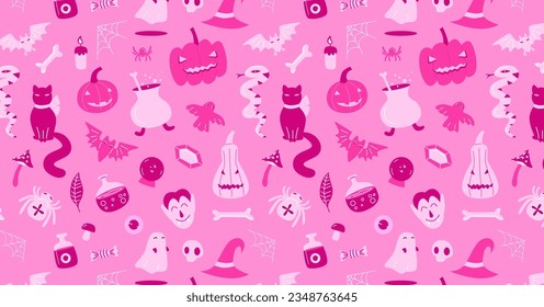 Halloween pink elements seamless pattern. Wallpaper with cute witch, ghost, pumpkin, vampire, cat, bat, spider. Useful for scrapbooking, package, textil design.