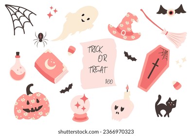 Halloween pink elements set. Cute decor of magical elements in a simple naive style.Vector illustration