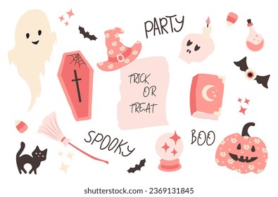 Halloween pink elements set. Cute decor of magical elements in a simple naive style.Vector illustration