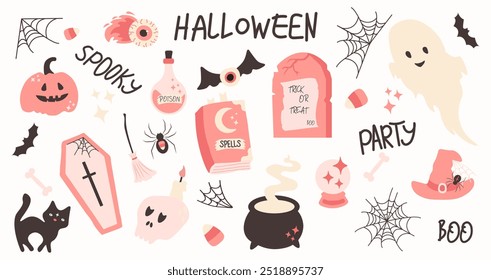 Halloween pink elements set. Cute decor of magical elements in a simple naive style. For scrapbooking, greeting card, party invitation.Vector illustration