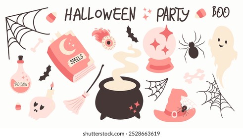 Halloween pink elements set. Cute decor of magical elements in a simple naive style. For scrapbooking, greeting card, party invitation.Vector illustration